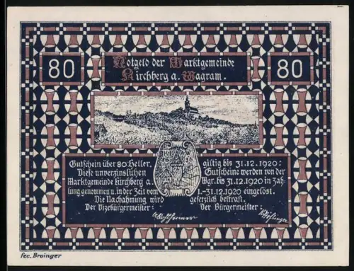 Notgeld Kirchberg am Wagram 1920, 80 Heller, Stadtansicht und Wappen der Marktgemeinde