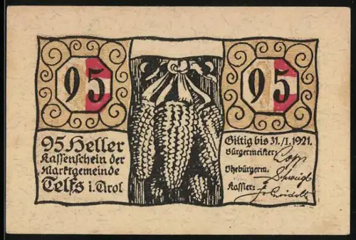 Notgeld Telfs 1921, 95 Heller, Maiskolben und Stadttor mit dekorativen Ornamenten