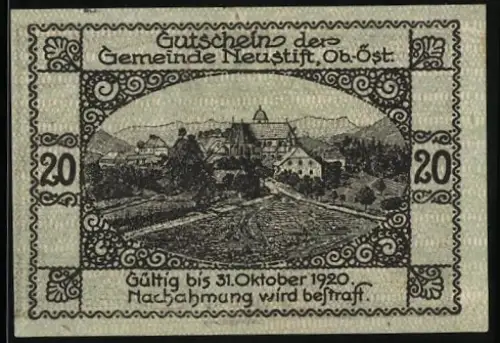 Notgeld Neustift 1920, 20 Heller, Dorfansicht mit Gebäuden und Bergen im Hintergrund