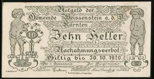 Notgeld Weissenstein 1920, 10 Heller, filigrane Ornamente und Wappen mit Vögeln