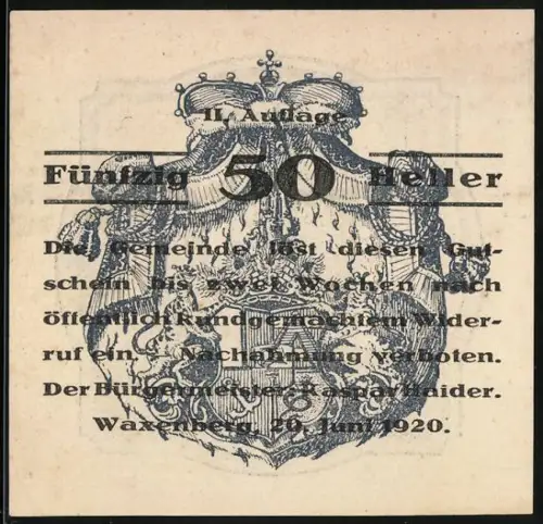 Notgeld Waxenberg 1920, 50 Heller, Burg mit Turm und Wappen