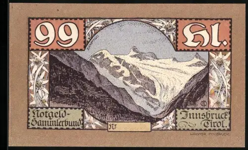 Notgeld Innsbruck 1920, 99 Heller, Berglandschaft und Martinswand-Motiv