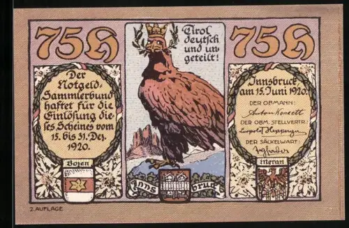 Notgeld Innsbruck 1920, 75 Heller, Krönender Adler und tirolische Trachtenfiguren