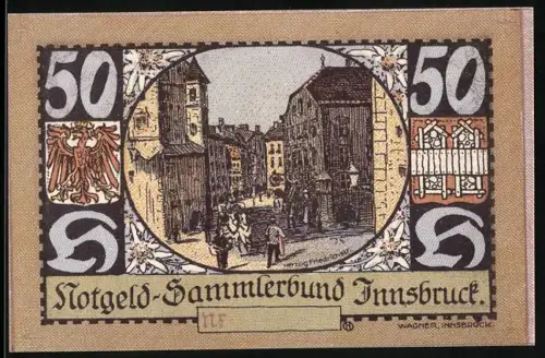 Notgeld Innsbruck 1920, 50 Heller, historische Strasse und Porträt von Speckbacher