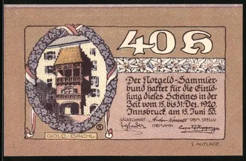 Notgeld Innsbruck 1920, 40 Heller, Goldenes Dachl und Bergkulisse mit Stadtansicht