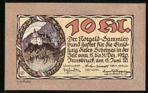 Notgeld Innsbruck 1920, 10 Heller, Schlossansicht und Wappen mit Berglandschaft