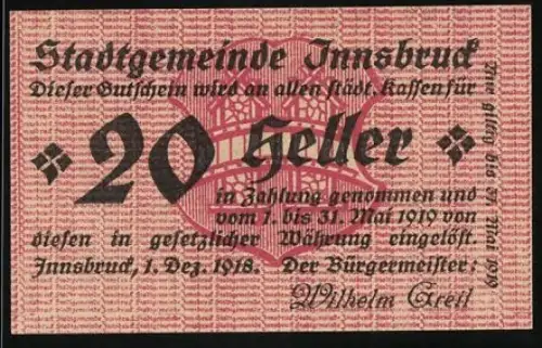 Notgeld Innsbruck 1918, 20 Heller, rotes Muster mit Text und Siegel