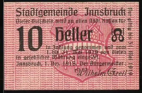 Notgeld Innsbruck 1918, 10 Heller, rotes Muster mit Stadtwappen