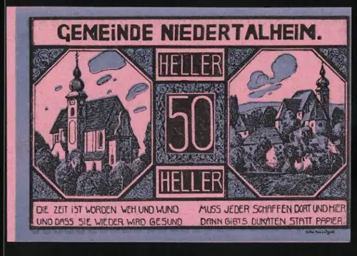 Notgeld Niederthalheim 1920, 50 Heller, Kirchen- und Dorfansicht mit Gedicht über die Zeit