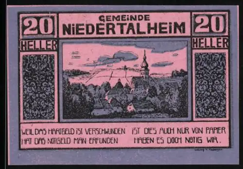 Notgeld Niederthalheim 1920, 20 Heller, Dorflandschaft mit Kirche und Bäumen