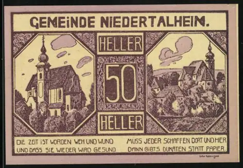 Notgeld Niederthalheim 1920, 50 Heller, Kirche und Dorfansicht im Jugendstil