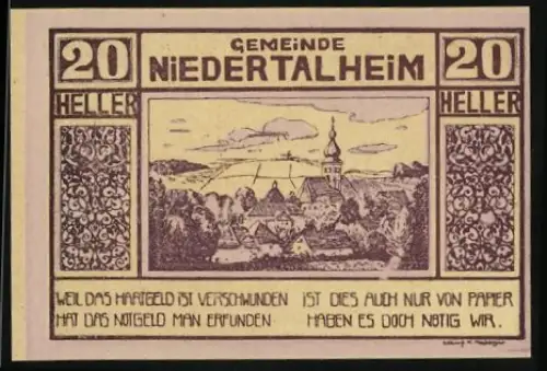 Notgeld Niederthalheim 1920, 20 Heller, Dorflandschaft mit Kirche und Hügeln