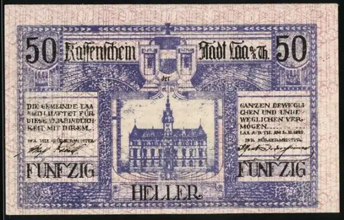 Notgeld Laa a. d. Thaya 1920, 50 Heller, Rathaus und Stadtwappen