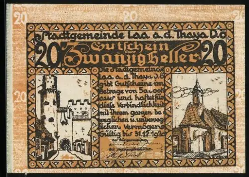 Notgeld Laa a. d. Thaya 1920, 20 Heller, Burgruine und Kirche, Wappen mit Kreuz und Türmen