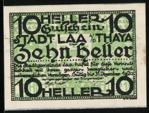 Notgeld Laa an der Thaya 1920, 10 Heller, Textgestaltung mit Versen und Garantieerklärung der Stadtgemeinde