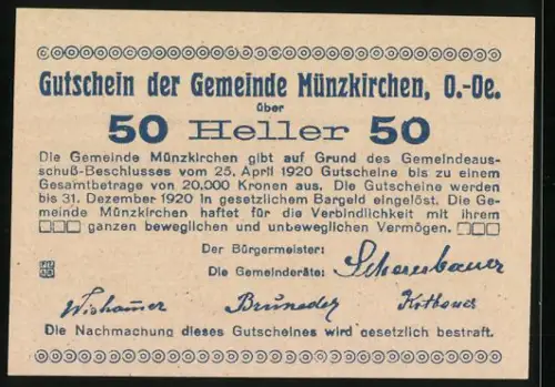 Notgeld Münzkirchen 1920, 50 Heller, Stadtansicht mit Kirche und Landschaft
