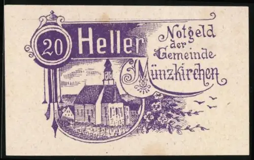 Notgeld Münzkirchen 1920, 20 Heller, Kirche und Landschaftsmotiv