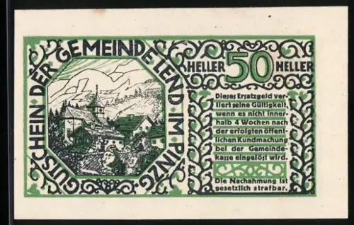 Notgeld Lend 1920, 50 Heller, Dorflandschaft mit Bergen und Engelornamente