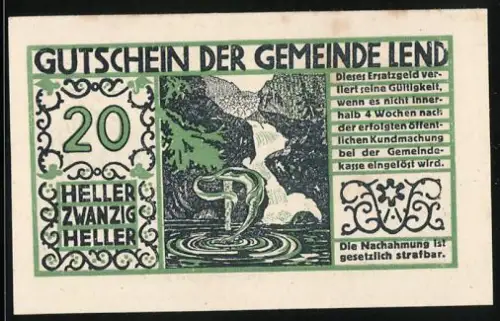Notgeld Lend 1920, 20 Heller, Wasserfall und dekorative Engelmotiven