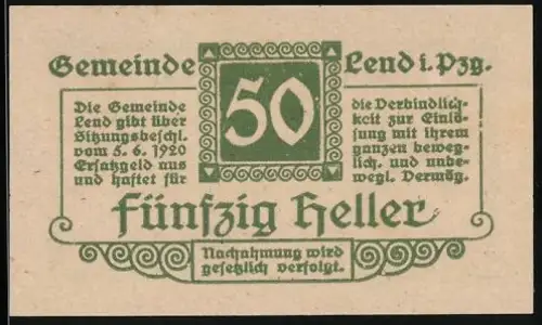 Notgeld Lend 1920, 50 Heller, Textgestaltung mit Gemeindehinweis und Ornamenten