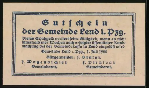 Notgeld Lend 1920, 50 Heller, Textgestaltung mit Gemeindehinweis und Ornamenten