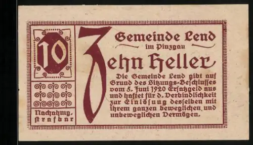 Notgeld Lend 1920, 10 Heller, Textmotiv der Gemeinde Lend im Pinzgau