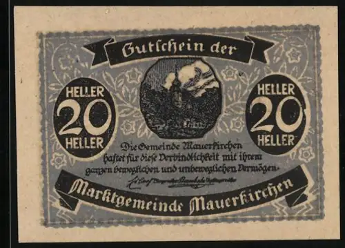 Notgeld Mauerkirchen, 20 Heller, Industrielandschaft und Textbanner