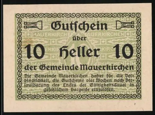 Notgeld Mauerkirchen, 10 Heller, grünes Muster mit Wappen der Gemeinde Mauerkirchen