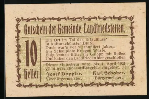 Notgeld Landfriedstetten 1921, 10 Heller, Gedicht über historische Kriegsschauplätze und Ritter