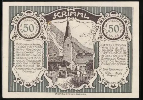 Notgeld Krimml 1920, 50 Heller, Kirche und Berglandschaft, Bergsteiger mit Engeln und Werkzeugen
