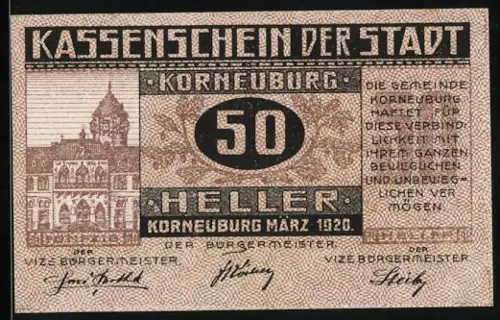 Notgeld Korneuburg 1920, 50 Heller, Rathausabbildung und Text zur Gültigkeit