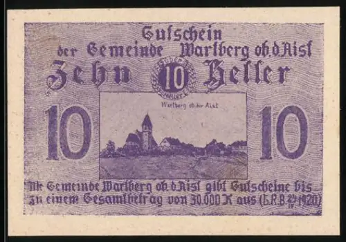 Notgeld Wartberg ob der Aist 1920, 10 Heller, Dorfansicht mit Kirche