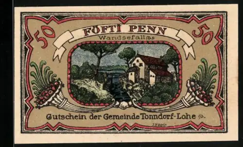 Notgeld Tonndorf-Lohe 1921, 50 Pfennig, Wandsefall-Motiv mit Spruchband und floralen Verzierungen