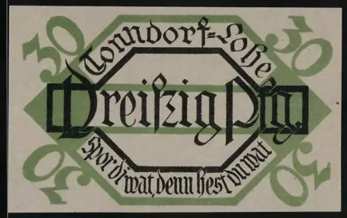 Notgeld Tonndorf-Lohe 1921, 30 Pfennig, Alter Grenzstein mit Inschrift und dekorativem Schriftzug
