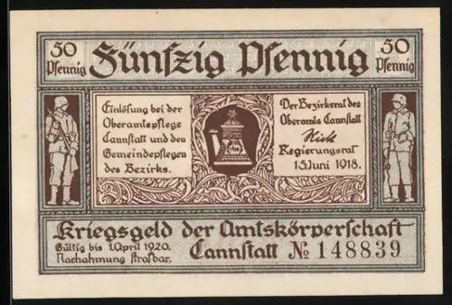 Notgeld Cannstatt 1918, 50 Pfennig, Soldaten und Landschaft mit Pavillon