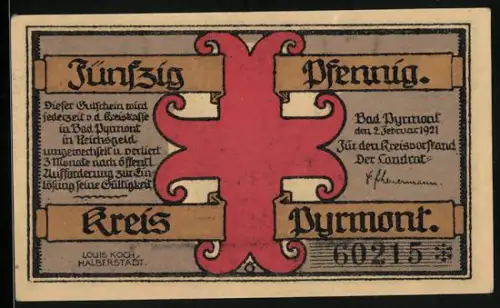 Notgeld Bad Pyrmont 1921, 50 Pfennig, Parkszene mit Brunnen und Spaziergängern