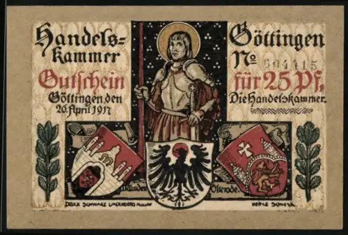 Notgeld Göttingen 1917, 25 Pfennig, Ritter mit Wappen und Ährensymbolik
