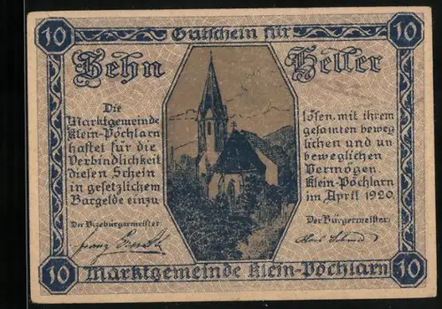 Notgeld Klein-Pöchlarn 1920, 10 Heller, Kirche und Wappen der Marktgemeinde