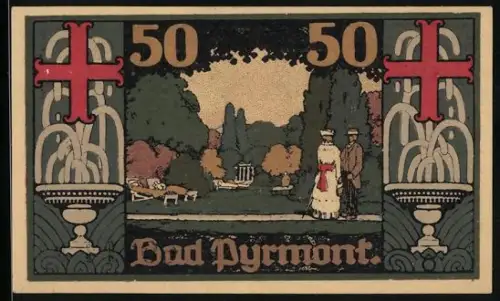 Notgeld Bad Pyrmont 1921, 50 Pfennig, Kurpark-Szene mit Spaziergängern und Brunnen