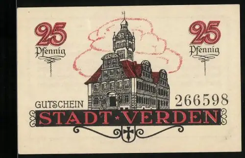 Notgeld Verden 1920, 25 Pfennig, Rathaus mit Turm und Wappen der Stadt Verden