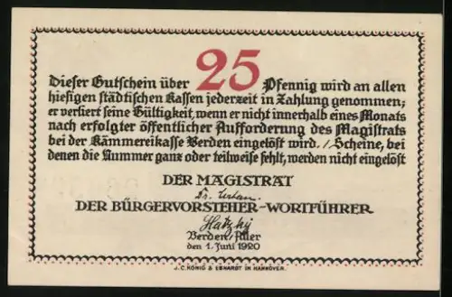 Notgeld Verden 1920, 25 Pfennig, Rathaus mit Turm und Wappen der Stadt Verden