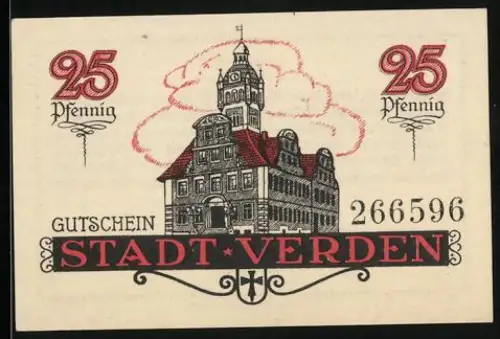 Notgeld Verden 1920, 25 Pfennig, Rathaus und Textpassage