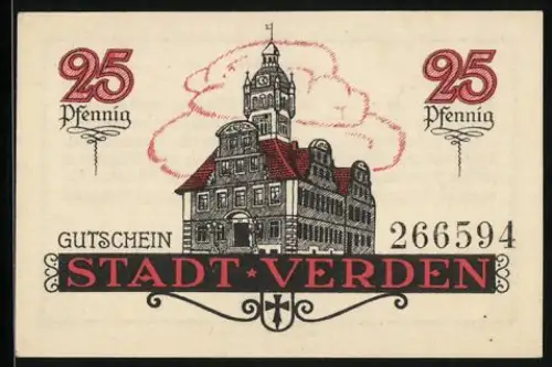 Notgeld Verden 1920, 25 Pfennig, Rathaus und Stadtwappen