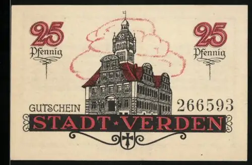 Notgeld Verden 1920, 25 Pfennig, Rathaus mit Wolken und Stadtwappen