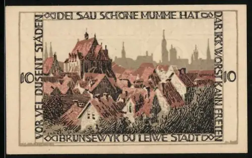 Notgeld Braunschweig 1921, 10 Pfennig, Stadtansicht und springendes Pferd