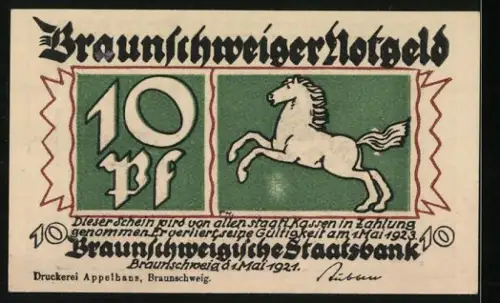 Notgeld Braunschweig 1921, 10 Pfennig, Stadtansicht und springendes Pferd