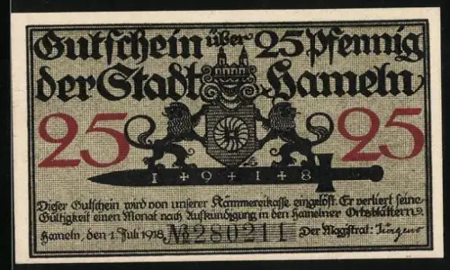 Notgeld Hameln 1918, 25 Pfennig, Rattenfänger-Motiv mit Kindern und Wappen der Stadt Hameln