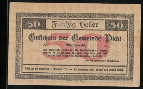 Notgeld Pichl 1920, 50 Heller, Gutscheintext und Landschaftsansicht
