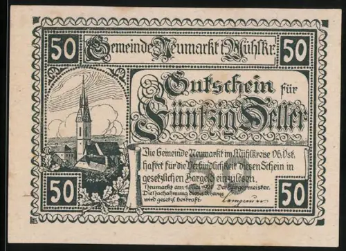 Notgeld Neumarkt 1920, 50 Heller, Stadtansicht mit Kirche und dekorative Umrahmung