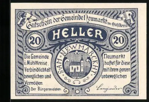 Notgeld Neumarkt 1920, 20 Heller, Gemeinde mit Kirche und Verzierungen